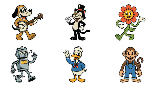 Retro Cartoon Characters Collection: Fun Vintage Style Illustrations of Animals, Robot, and Flower Mascots