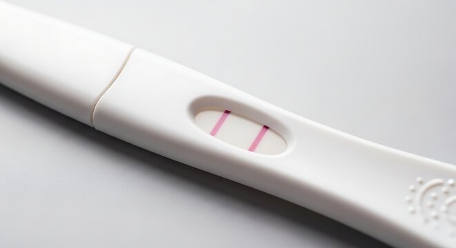 Close-up of a positive pregnancy test with two pink lines visible, clean studio shot