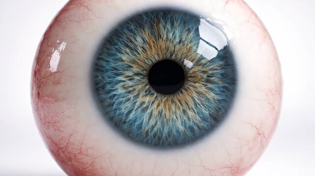 Medical 3d eyeball eye anatomy macro closeup realistic 3d render showing iris pupil sclera veins blood vessel detail on white background for healthcare vision ophthalmology education concept