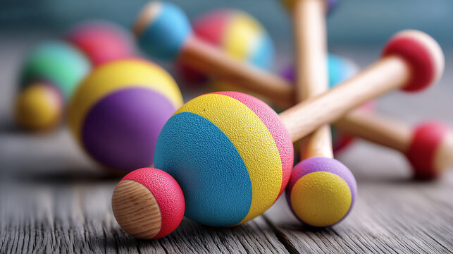 Vibrant maracas scattered on a wooden surface at Festival Internazionale del Teatro di Strada