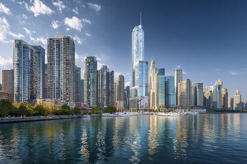 Fototapeta premium Panoramic city skyline view of modern skyscraper buildings reflecting on calm lake water under bright blue sky with scattered clouds, creating peaceful urban atmosphere