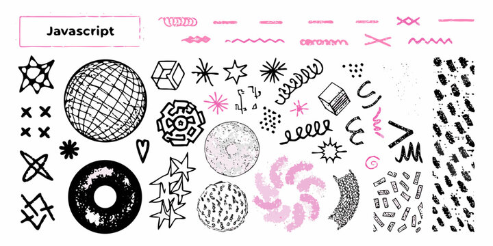 Abstract doodle collection with javascript text and various pink designs