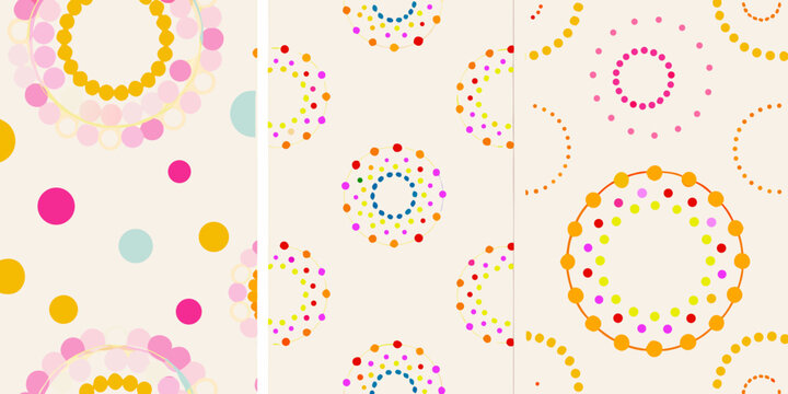 Colorful polka dots and concentric circles create a playful pattern