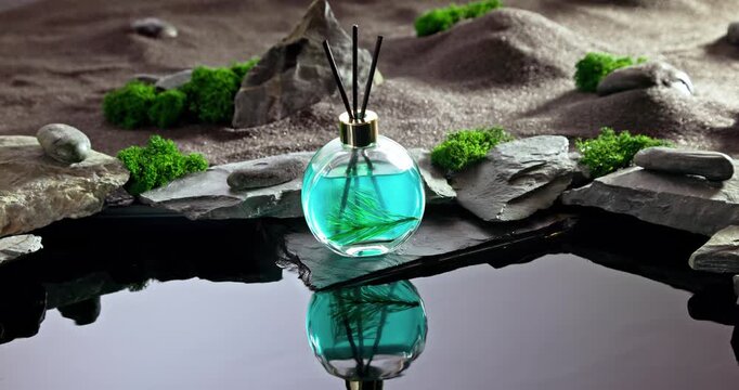 Intense fragrance diffuser on a lunar landscape with small pond.