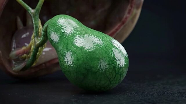 Medical 3d gallbladder organ anatomy model green bile duct digestive system visualization, detailed anatomical render showcasing bile flow pathway and organ structure for education