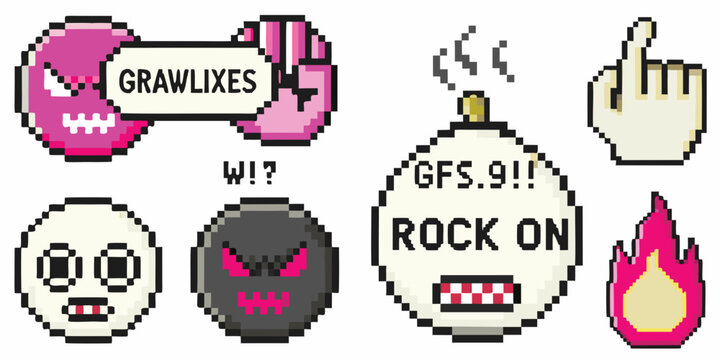 Pixel art collection featuring skulls flames and retro gaming elements