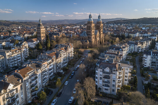 European cityscape with historic cathedral and residential buildings under clear sky, peaceful urban environment with tree lined streets and distant hills creating serene atmosphere
