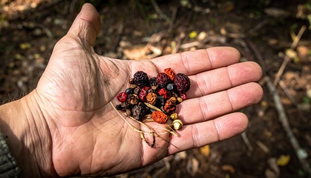 A human hand holds a handful of dried berries and edible roots, showcasing natural foraging and sustenance.
