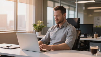 Fototapeta premium smiling businessman working on laptop in modern office, professional male entrepreneur sitting at desk with computer, successful corporate worker in dark blue shirt at workspace