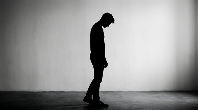 Silhouette of a man with head bowed, walking in a dark, dimly lit room