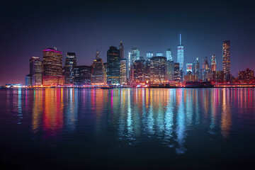 Fototapeta premium Panoramic night city skyline with glowing skyscraper lights reflecting on calm water, creating vibrant and colorful urban atmosphere full of energy and life