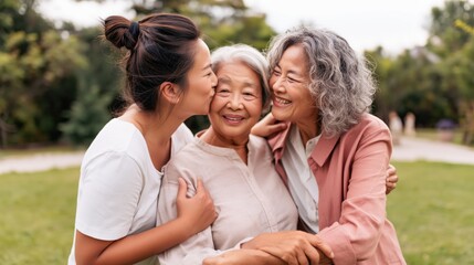 Naklejka premium Young woman kissing elderly mother with family in public park