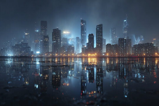Futuristic city skyline at night with illuminated skyscrapers reflecting on water under misty atmospheric conditions creating mysterious and captivating urban scene