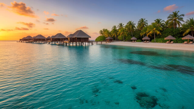Tropical island resort with overwater bungalows at sunset palm trees and white sandy beach