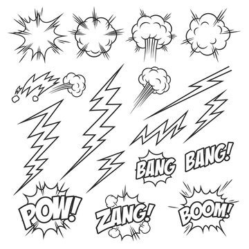 Comic book style explosion and lightning bolt sound effects set.