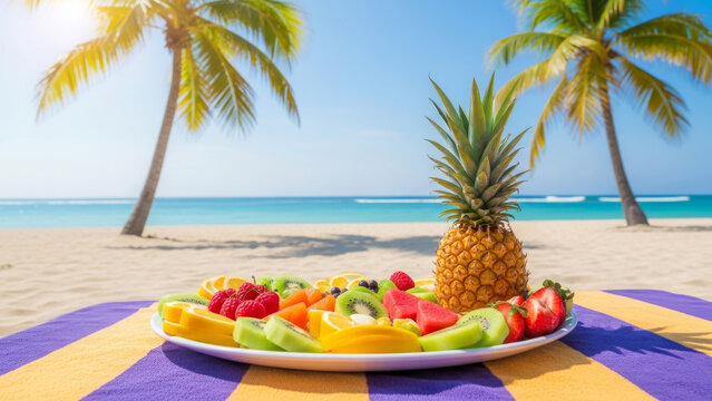 Colorful fruit platter on beach towel with palm trees and ocean view