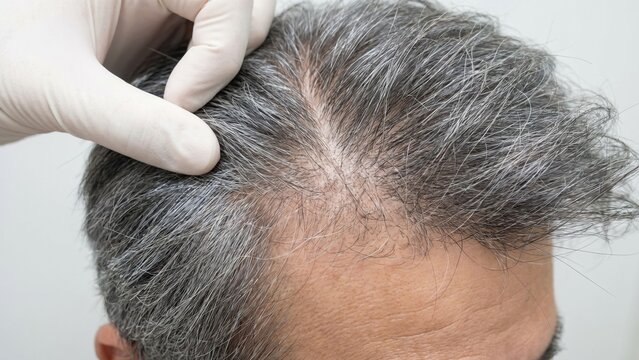 手袋を着用した施術者が白髪混じりの頭髪をかき分けて頭皮状態を確認するクローズアップ。薄毛や分け目の広がり、加齢による毛量変化を診断・相談する、育毛、発毛、スカルプケア、AGA・頭皮クリニック広告に適したリアルな医療ヘアケア素材