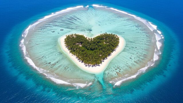Heart shaped island with lush greenery and white sandy beach surrounded by turquoise lagoon and coral reef in deep blue ocean
