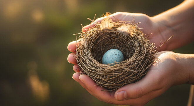 A delicate bird egg nestled in a woven nest held by a human hand.