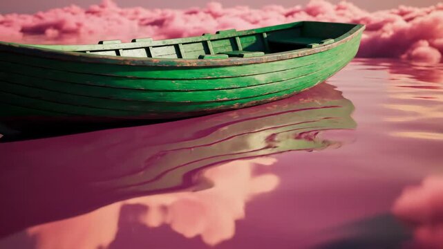 Empty Green Wooden Boat Floating on Surreal Pink Water Surrounded by Pink Clouds