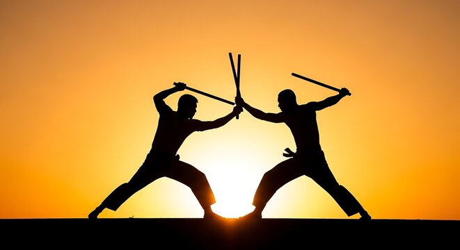Silhouettes of two people practicing martial arts with sticks against a vibrant sunset sky