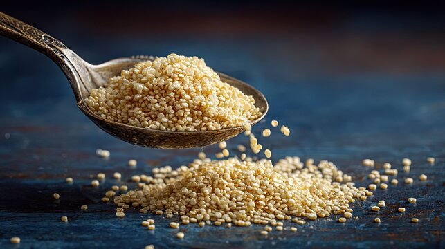 A beautiful, close-up shot of a spoonful of quinoa, showing the texture of the cooked grains, a versatile and complete protein 
