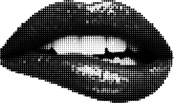 Halftone vector grunge of glossy lips bite in transparent black and white png with dotted pattern