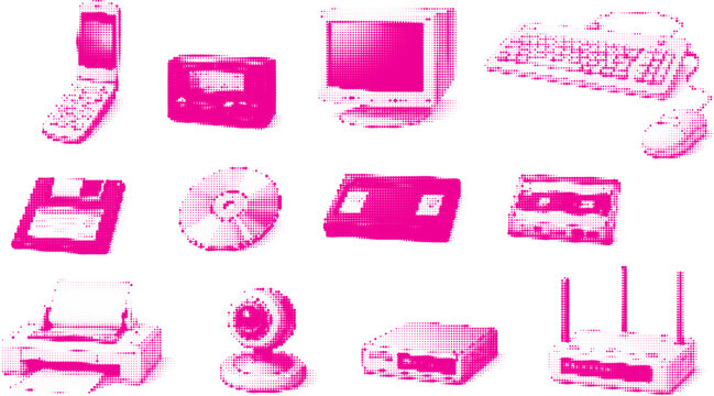 Cassette, printer, monitor, keyboard, mouse, cd, floppy disk. Vintage technology halftone vector transparent png grunge design in retro futurism style