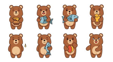 Cute cartoon bears set: holding honey, fish, ball, with different emotions © intaniaayunaridhat