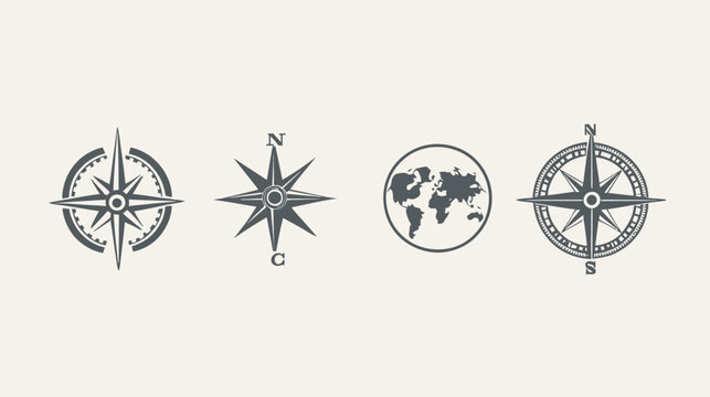 Four gray navigational compass and globe icons on a light background