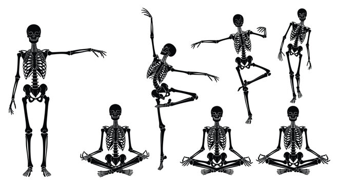 Set of black human skeleton silhouettes shown in various active yoga meditation and stretching exercise poses.