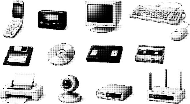 Halftone vector of retro technology gadgets with grunge transparent png style. Cassette, printer, monitor, keyboard, mouse, cd, floppy disk