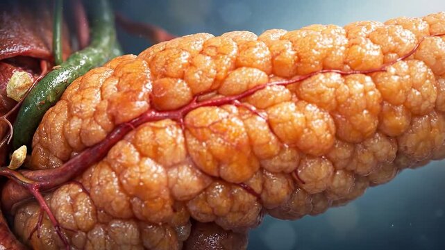 Medical 3d pancreas anatomy organ digestive system gland tissue abdominal closeup render illustration with bile duct blood vessel detail blue background for healthcare education and pathology concept