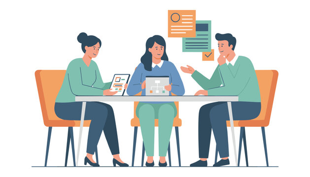 A team of three professionals is engaged in a lively business discussion around a table, reviewing documents and tablets.