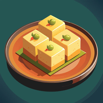 Four square desserts displayed on a plate
