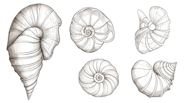 Monochrome illustration of diverse, intricate seashell formations, showcasing spiral patterns and natural designs