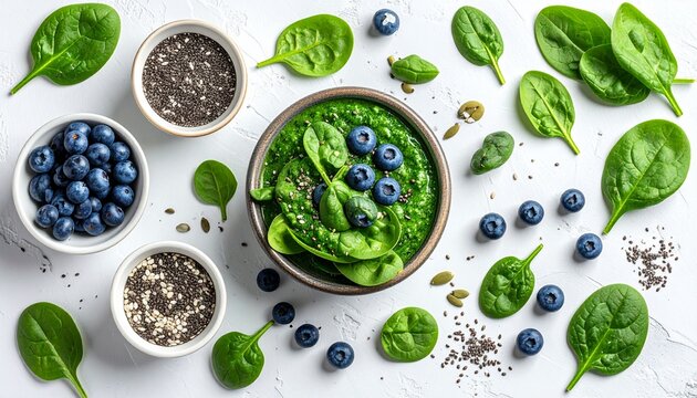 lay of fresh organic ingredients for a smoothie, including spinach, 