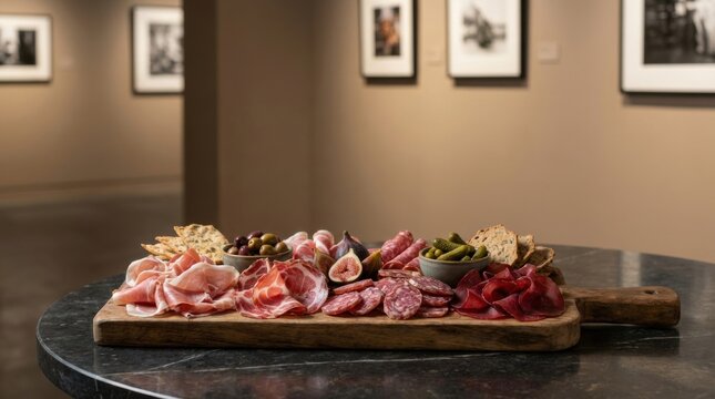 An exquisite charcuterie platter featuring a gourmet assortment of cured meats, olives, pickles, and figs, set against an art gallery backdrop, perfect for sophisticated gatherings.