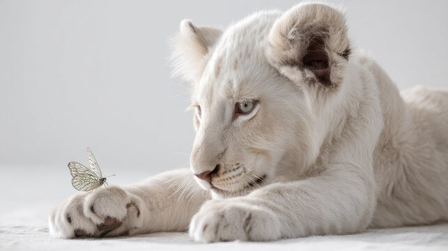 A beautiful, high-key shot of a white lion cub playing with a butterfly, innocence and gentleness, soft and airy feel