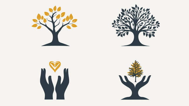 Collection of stylized illustrations featuring trees and a heart, set against a neutral background