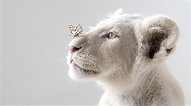 A beautiful, high-key shot of a white lion cub playing with a butterfly, innocence and gentleness, soft and airy feel 