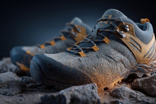 Rugged Trailblazers: Close-up on a pair of weathered hiking boots, standing on a textured surface, ready for an outdoor adventure.