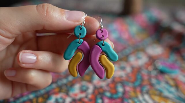 Close Up of Woman Hand Holding Colorful Abstract Handmade Polymer Clay Earrings
