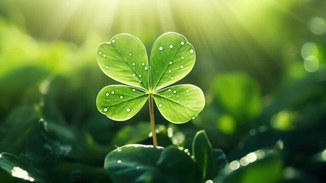A four-leaf clover with dew drops in the morning sun.