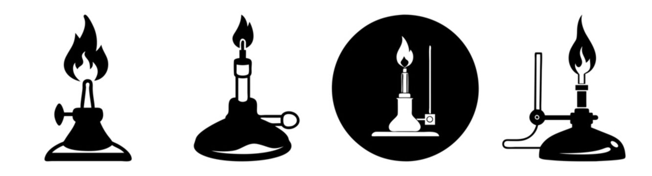 Set of bunsen burner icons with flame, science lab equipment flat design vector illustration