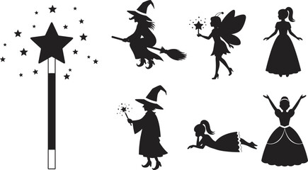 Flat vector illustration, fantasy magic silhouettes, witch fairy wand star gown characters, black white artwork design, mystical cartoon style icons © SreeShuniram
