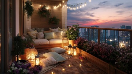 Obraz premium Cozy balcony with sofa and lanterns at sunset. Scenic city view from luxury outdoor lounge area. Relaxing evening atmosphere with decorative lights and plants for home decor design.
