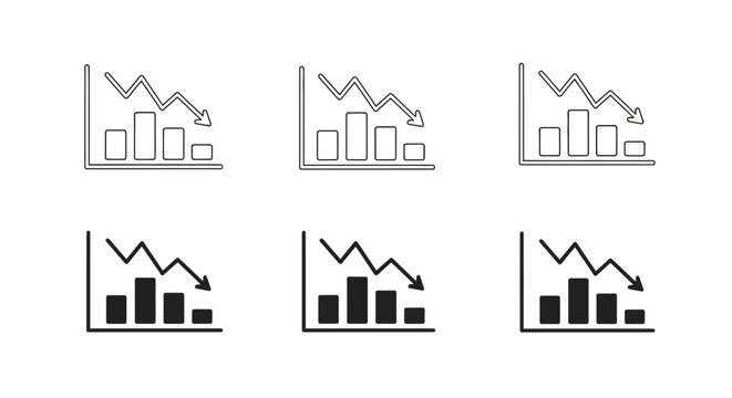 A collection of six down-trending bar chart icons, depicting financial decline or negative growth in business or economic contexts