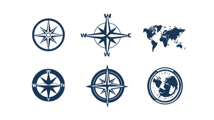 Obraz premium Collection of stylized compass rose icons and a world map in a navy blue hue, set against a white background