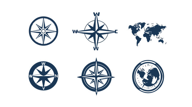 Collection of stylized compass rose icons and a world map in a navy blue hue, set against a white background